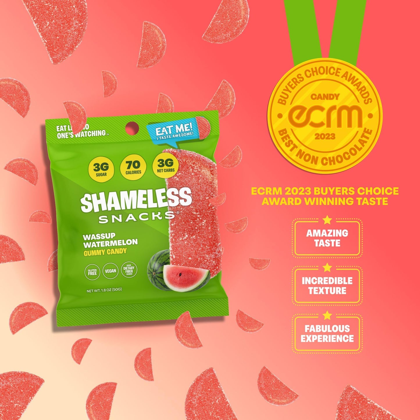 Shameless Snacks - Healthy Low Calorie Snacks, Low Carb Keto Gummies (Gluten Free Candy) - 6 Pack Wassup Watermelon