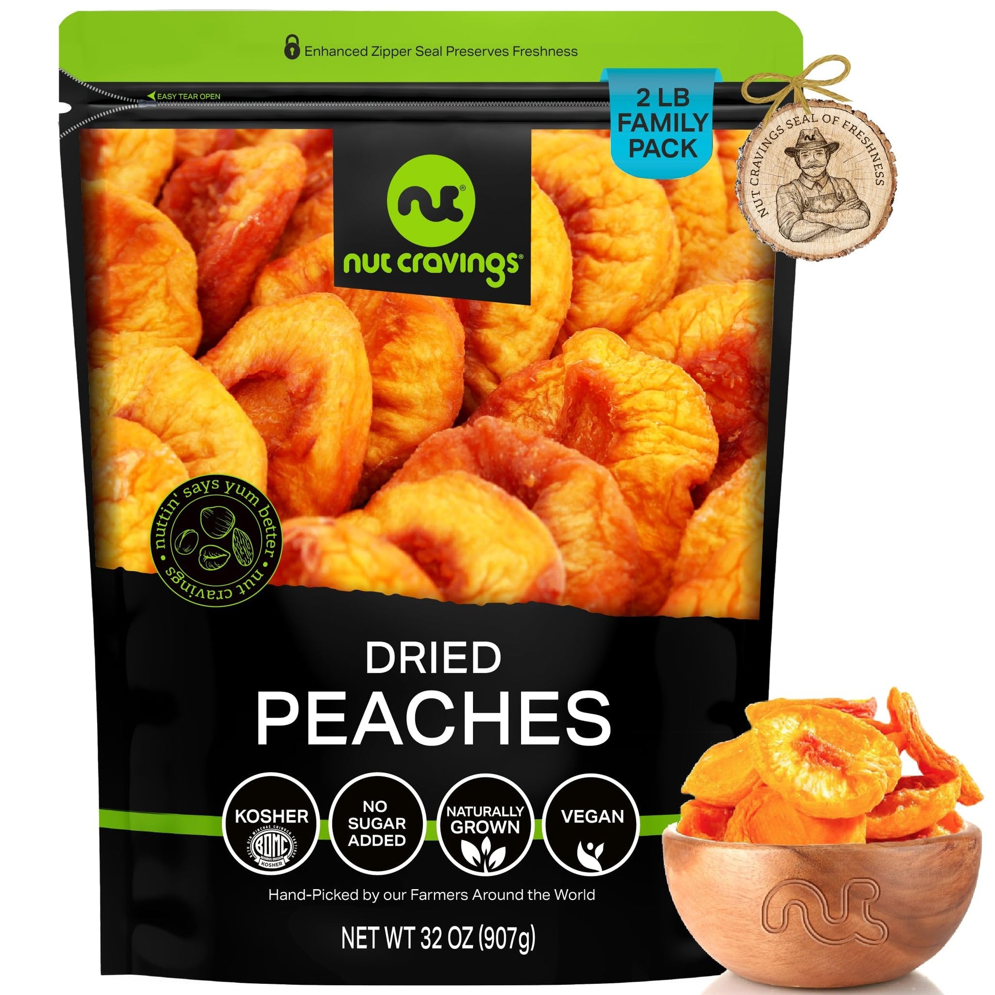 Nut Cravings - Sun Dried California Peaches  No Sugar Added  Unsweetened (32Oz  2 Lb) Bulk Dry Fruits Packed Fresh In Resealable Bag - Sweet Healthy Snack  Naturally Grown  Vegan  Kosher