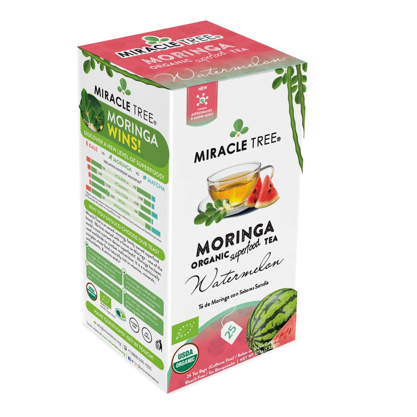 Tree Organic Moringa Superfood Tea, Watermelon Flavor, 25 Individually Sealed Bags, Vegan, Gluten-Free, Caffeine-Free