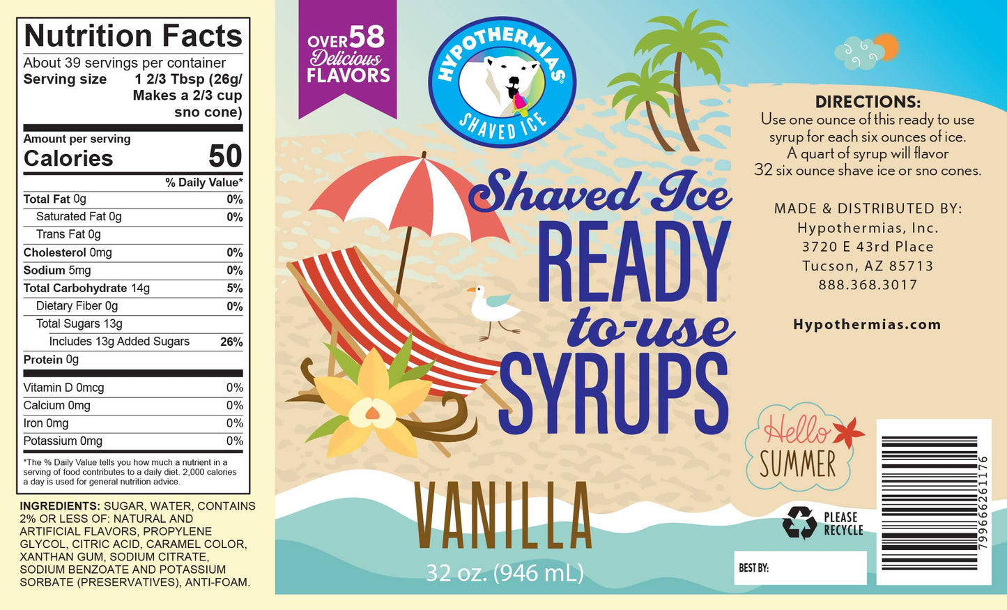 Hypothermias Shaved Ice & Snow Cone Syrup - BPA-Free Recyclable Plastic Bottle Quart (32 Fl. Oz) - Vanilla - Non-GMO 100% Pure C