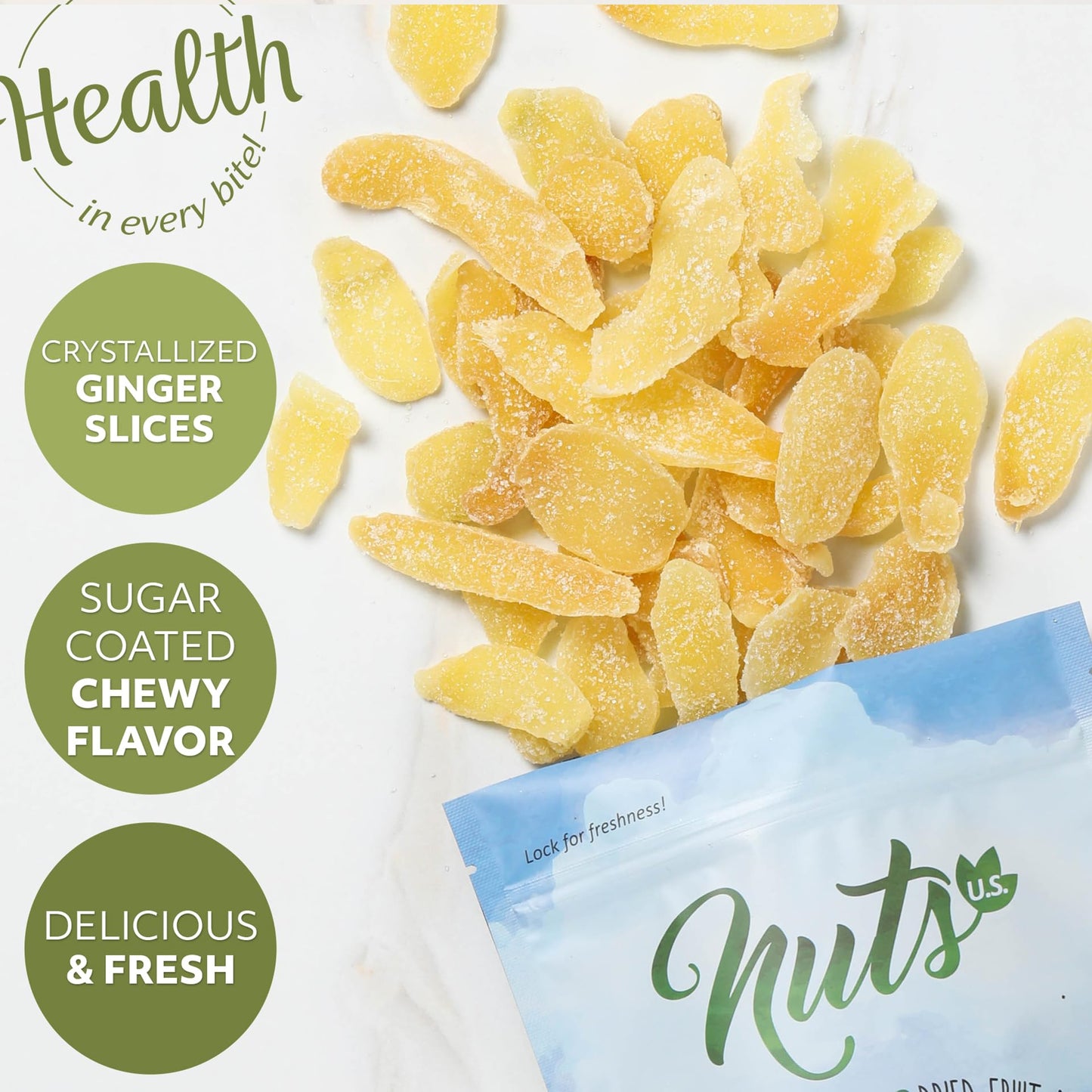 NUTS U.S. Dried Crystallized Ginger Slices, Resealable Bag, 3 LB