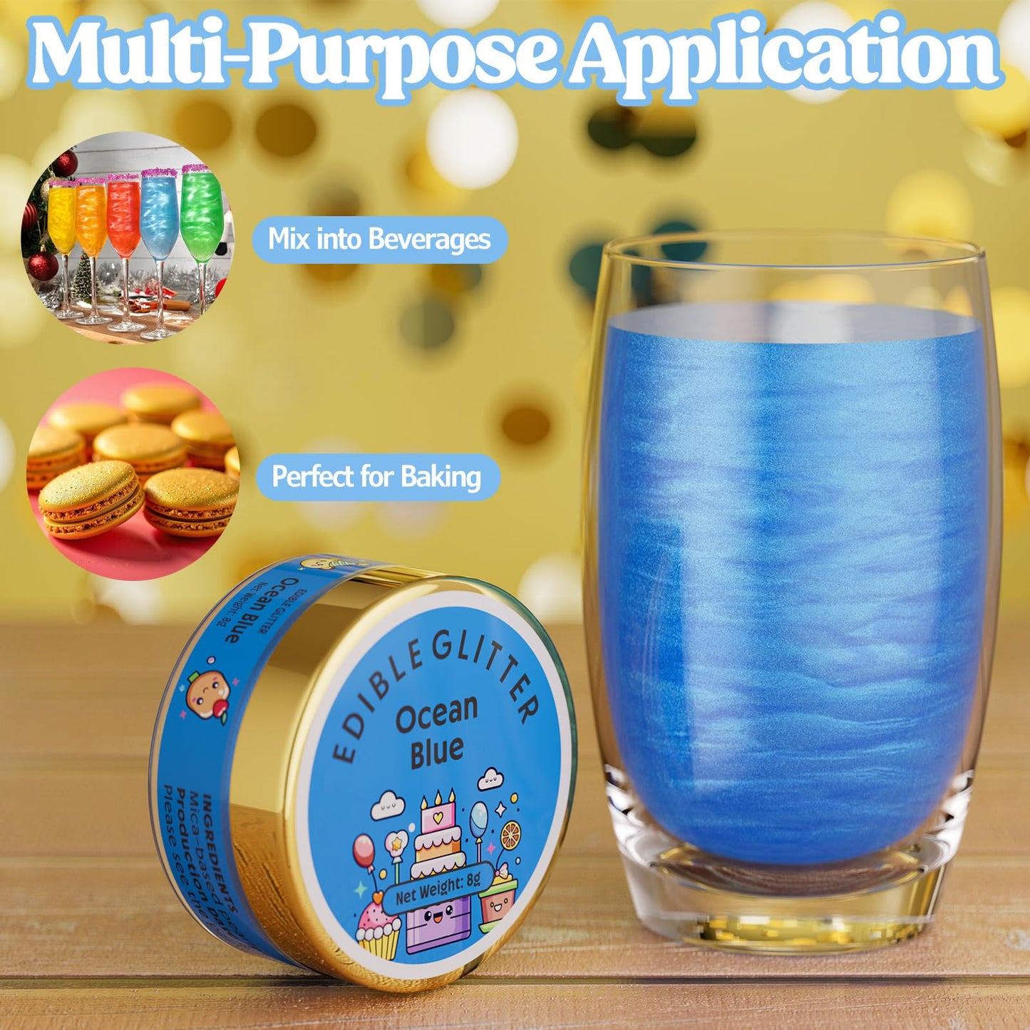 Nomeca Edible Glitter for Cakes & Drinks, 8g Luster Dust Sprinkles, 9-Ocean Blue