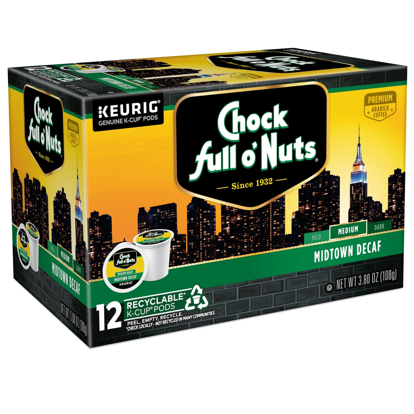 Chock Full o Nuts Decaf Keurig K-Cup Pods, Medium Roast, 12 Count (Pack of 6)