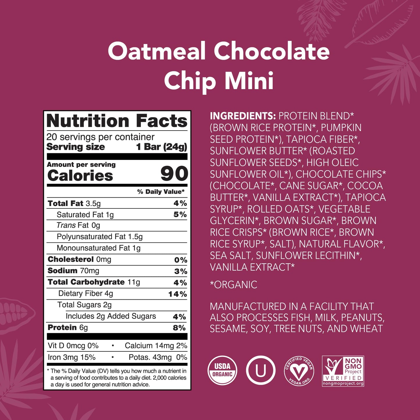ALOHA Organic Plant Based Protein Bar MINIS | Oatmeal Chocolate Chip | 20 Count, 24g Bars | Vegan, Low Sugar, Gluten Free, Low C