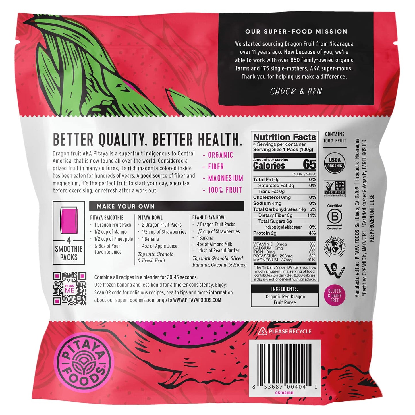 Pitaya Foods - Organic Dragon Fruit Smoothie Packs, Pre-Packaged Frozen Fruit Pur  E, No Added Sugar Or Preservatives, Good Sour