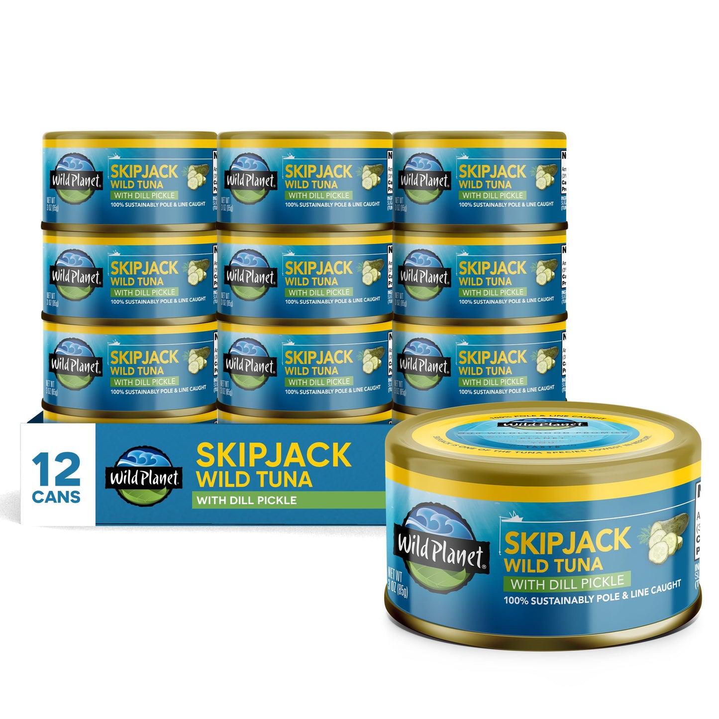 Wild Planet Wild Skipjack Tuna with Dill Pickle Tinned Fish, Canned Tuna, Sustainably Wild-Caught, 3 oz pack of 12