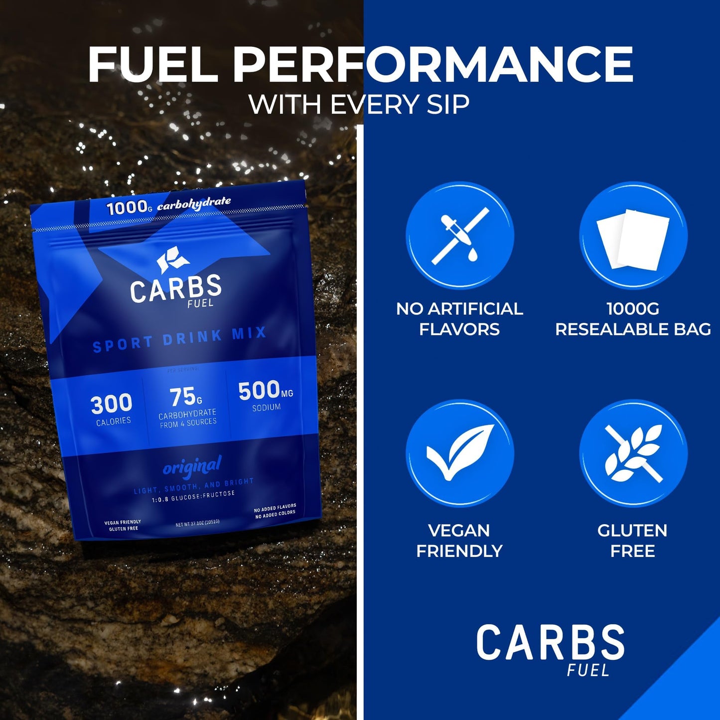Carbs Fuel Sport Drink Powder - Original Flavor, 2 Pack, 1,000g Total, 75g Carbs, 300 Calories Per Serving