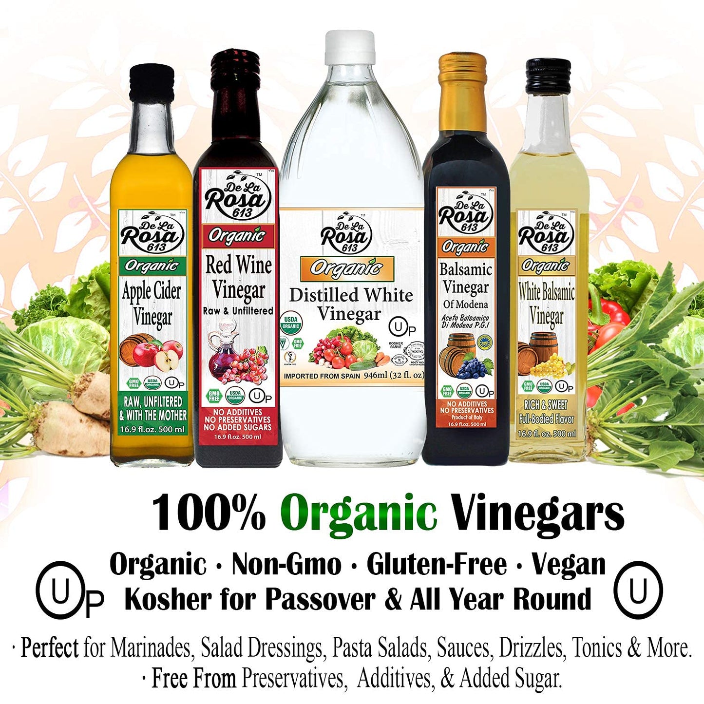 De La Rosa Organic Distilled White Vinegar, Raw & Unfiltered, 5 Liter, Vegan, Gluten Free, Kosher for Passover