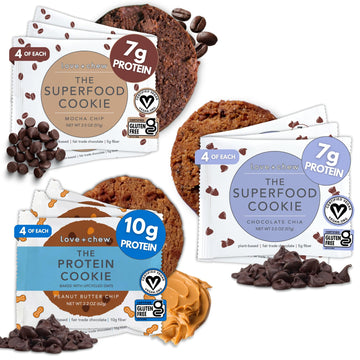 Love + Chew Soft Baked Protein Cookies, Gluten Free, Vegan, Paleo, 12 Count, 2 Ounce Chocolate Lovers Variety Pack