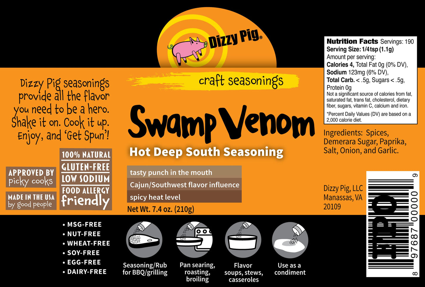 Dizzy Pig Swamp Venom Hot Deep South Seasoning Rub (8Oz Shaker) - Seasons 30+Lbs Of Food - Hand Made In The Usa - Msg Free, Glut