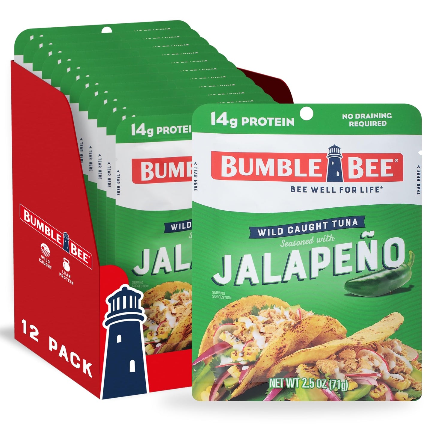 Bumble Bee Jalapeño Seasoned Tuna, 2.5 Oz Pouches (Pack Of 12) - Ready To Eat - Wild Caught Tuna Pouch - 14G Protein Per Serving - Gluten Free