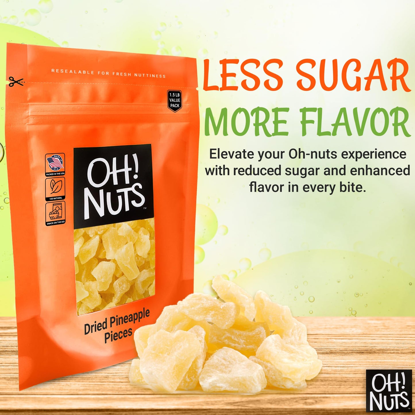 Dried Pineapple | 1.5 Lb - Dried Fruit Chunks | Less Sugar Added | Dehydrated Fruit Bites | Packed In New York Zip-Seal Bag For Exceptional Freshness By Oh Nuts