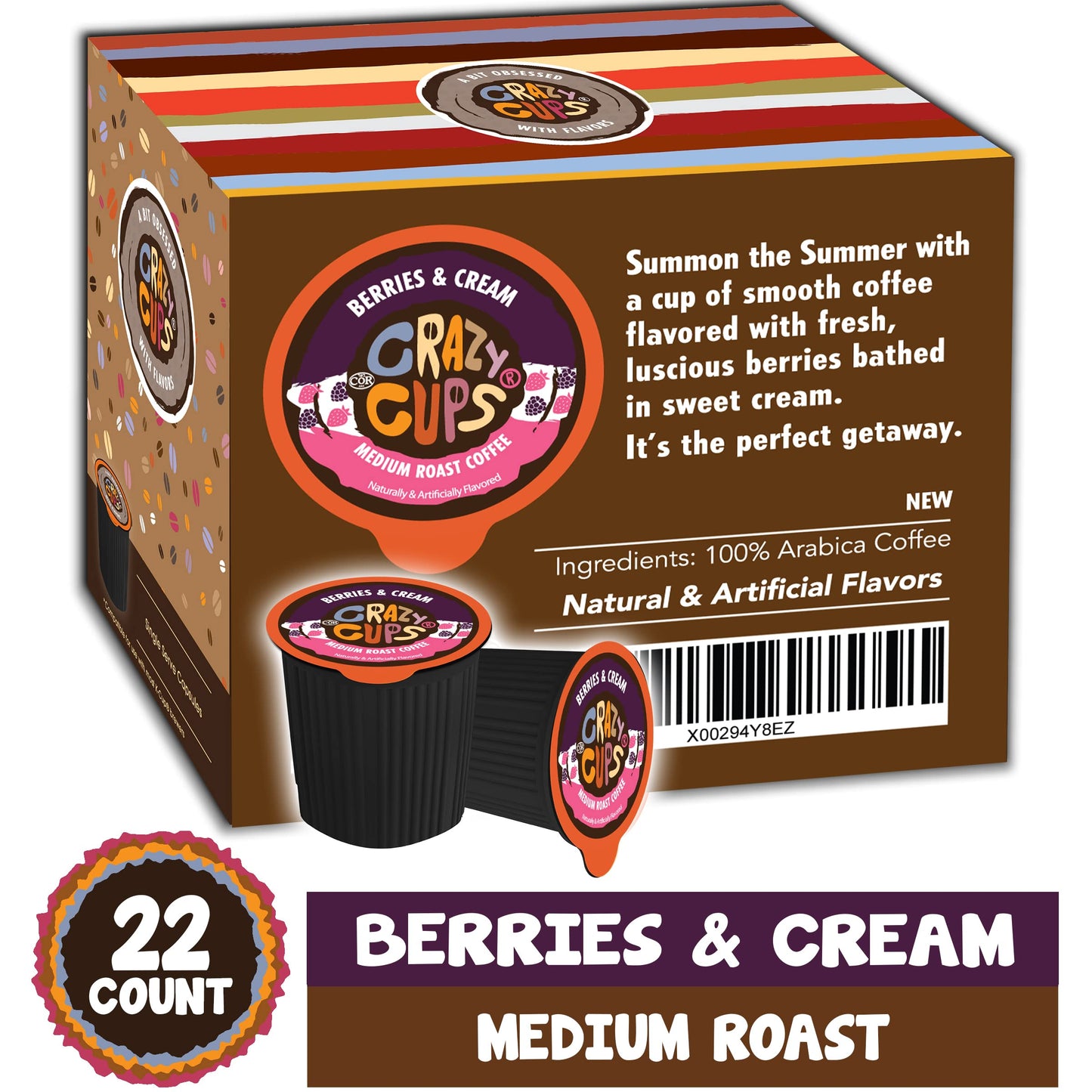 Crazy Cups Flavored Coffee Pods, Berries & Cream, Medium Roast, 22 Count, Compatible with Keurig K Cup Machines