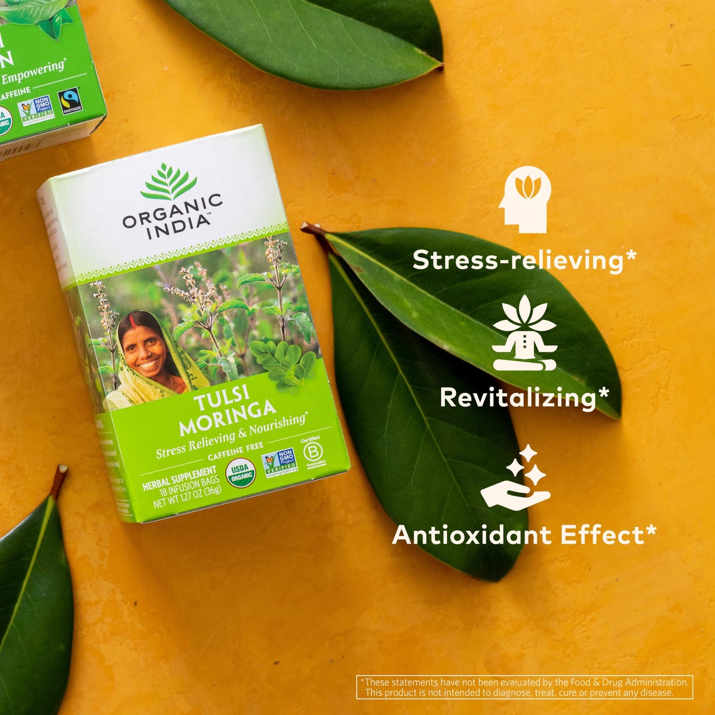 Organic India Tulsi Moringa Herbal Tea - Stress Relieving, Vegan, Gluten-Free - 18 Infusion Bags, Pack of 6
