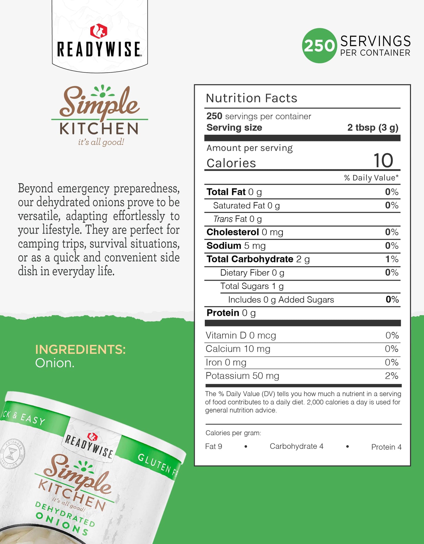 Simple Kitchen Dehydrated Chopped Onions - 250 Servings for Family Meal Prep, Gluten Free & Freeze Dried Survival Just Add Water