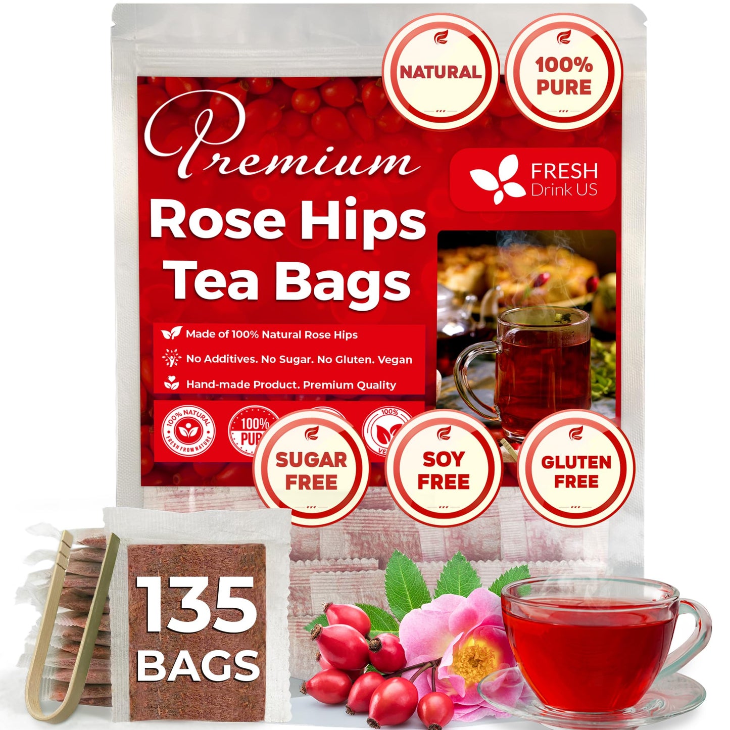 FRESHDRINKUS Rosehip Tea Bags, 100% Natural Herbal Tea, 75 Tea Bags, Caffeine-Free, Vegan, No Sugar, No Gluten