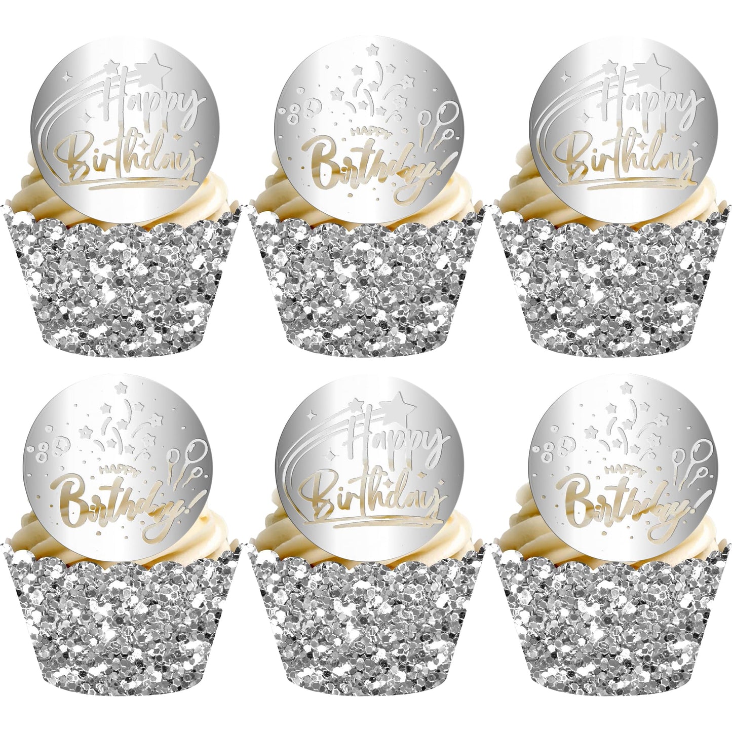 Gyufise 24Pcs Mirror Acrylic Cupcake Toppers Happy Birthday Acrylic Engpartyd Cake Picks Cupcake Disc Happy Birthday Cake Decoration Circle Round Shape Diy Party Supplies Silver