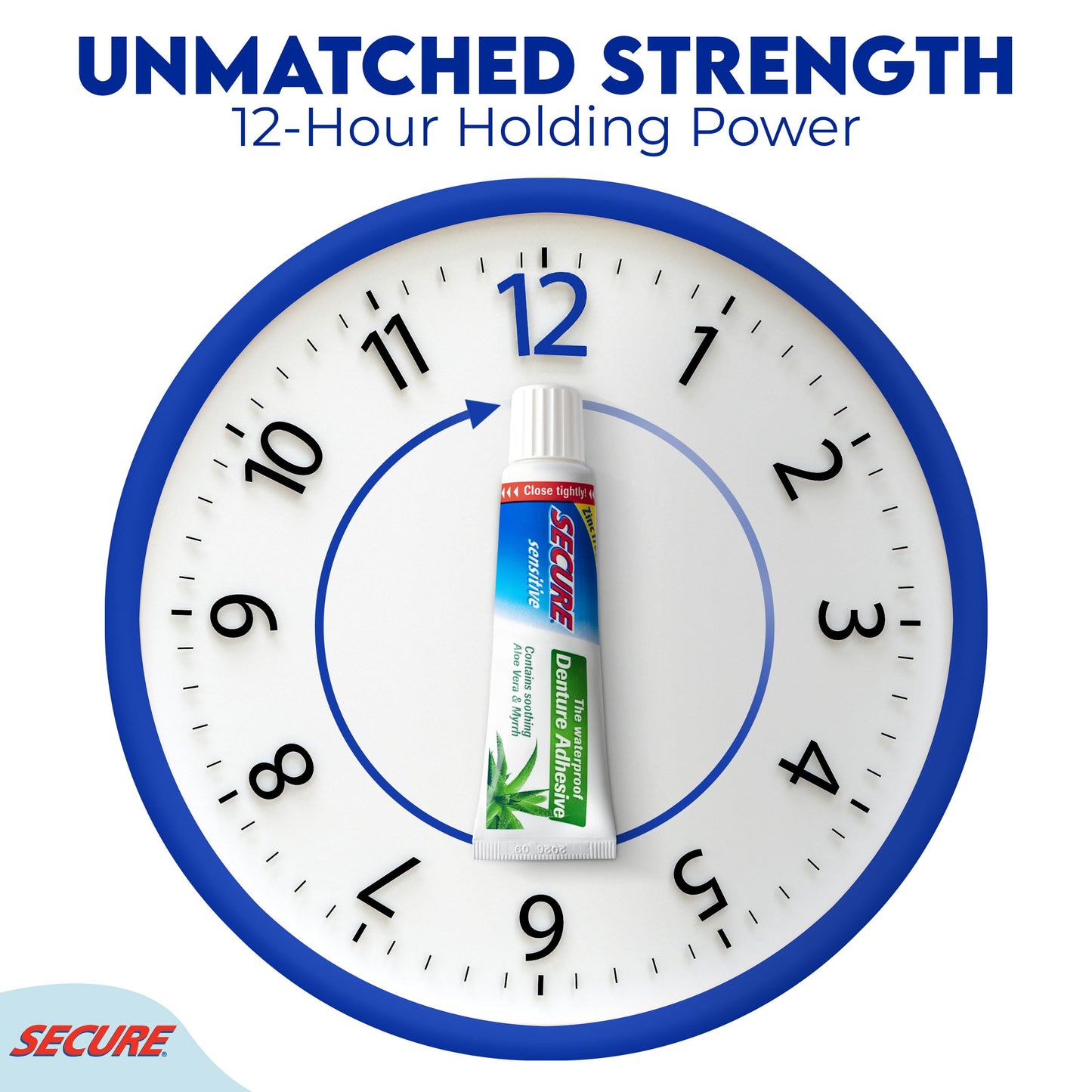 Secure Sensitive Gums Waterproof Denture Adhesive Zinc Free With Aloe Vera & Myrrh - Extra Strong 12 Hour Hold - 1.4 Oz
