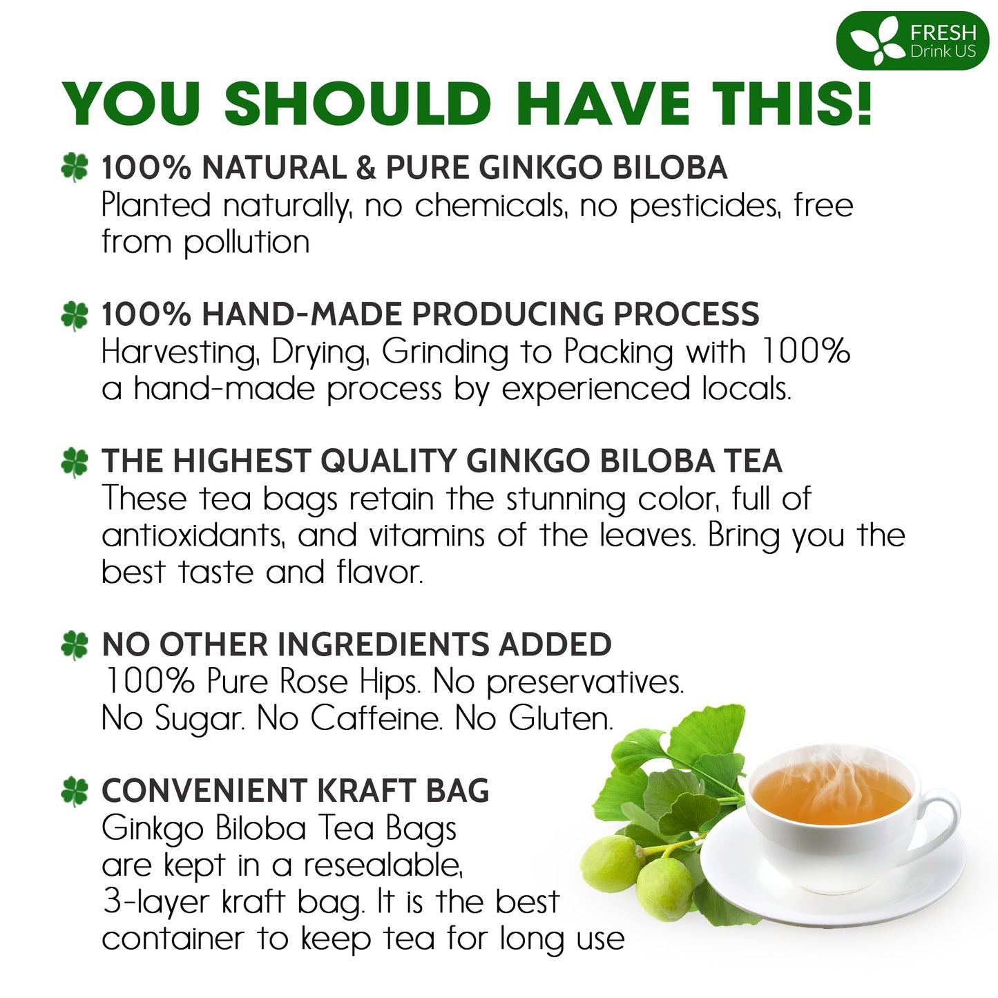 FRESHDRINKUS Ginkgo Biloba Leaf Tea Bags, 100% Natural, Vegan, 75 Tea Bags