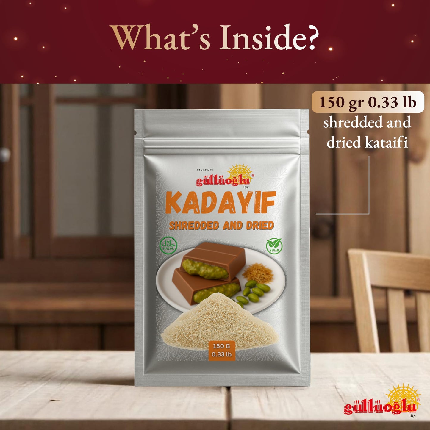 Gulluoglu Dried & Shredded Kataifi - 150G - 0.33Lb Kadayif Chopped Fillo Dough, Shredded Phyllo, Kadayif Pastry Dough, Knafeh, K