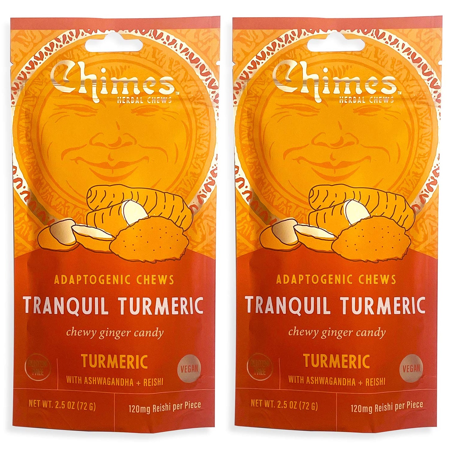 Chimes Tranquil Turmeric Adaptogen Ginger Chews Candy - (2 Pack With Ashwagandha, Reishi and Turmeric with Curcumin) Vegan, Glut