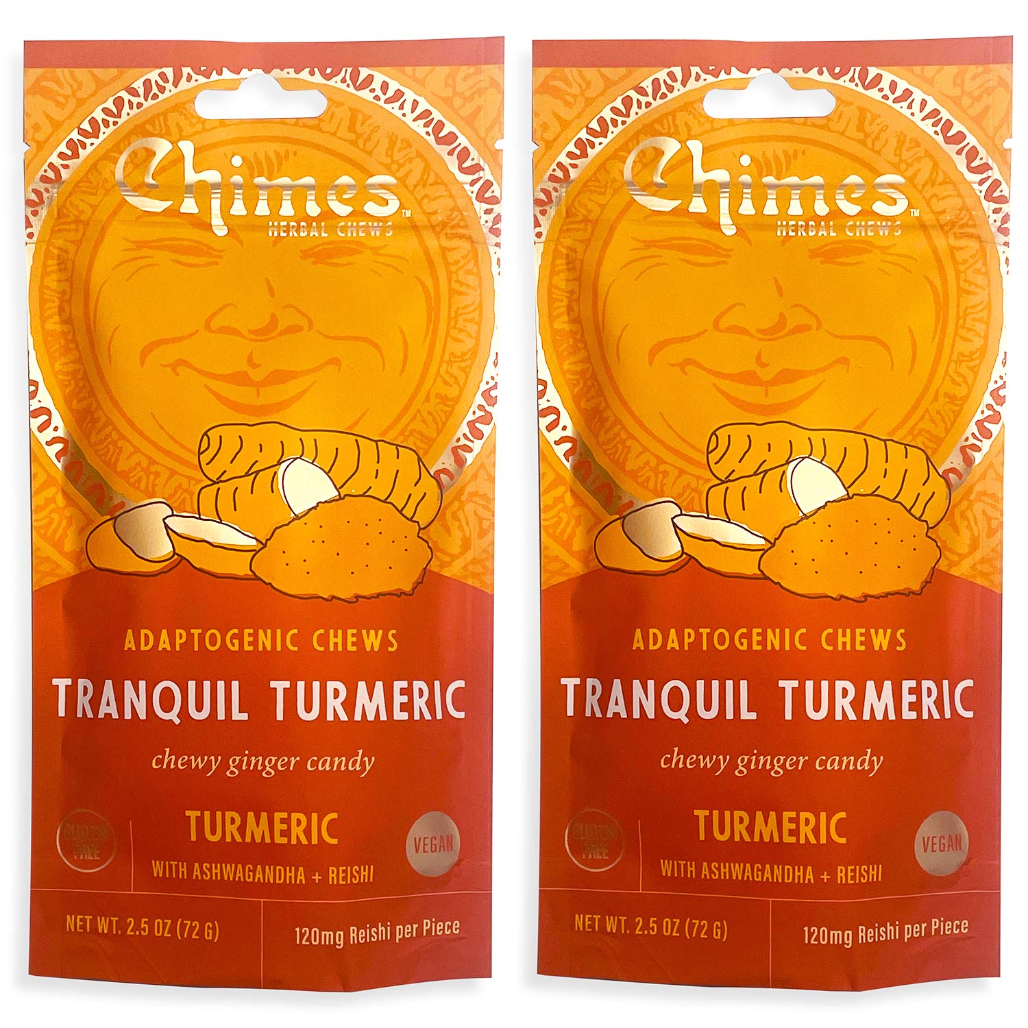 Chimes Tranquil Turmeric Adaptogen Ginger Chews Candy - (2 Pack With Ashwagandha, Reishi and Turmeric with Curcumin) Vegan, Glut