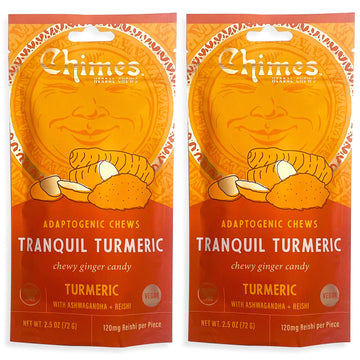 Chimes Tranquil Turmeric Adaptogen Ginger Chews Candy - (2 Pack With Ashwagandha, Reishi and Turmeric with Curcumin) Vegan, Glut