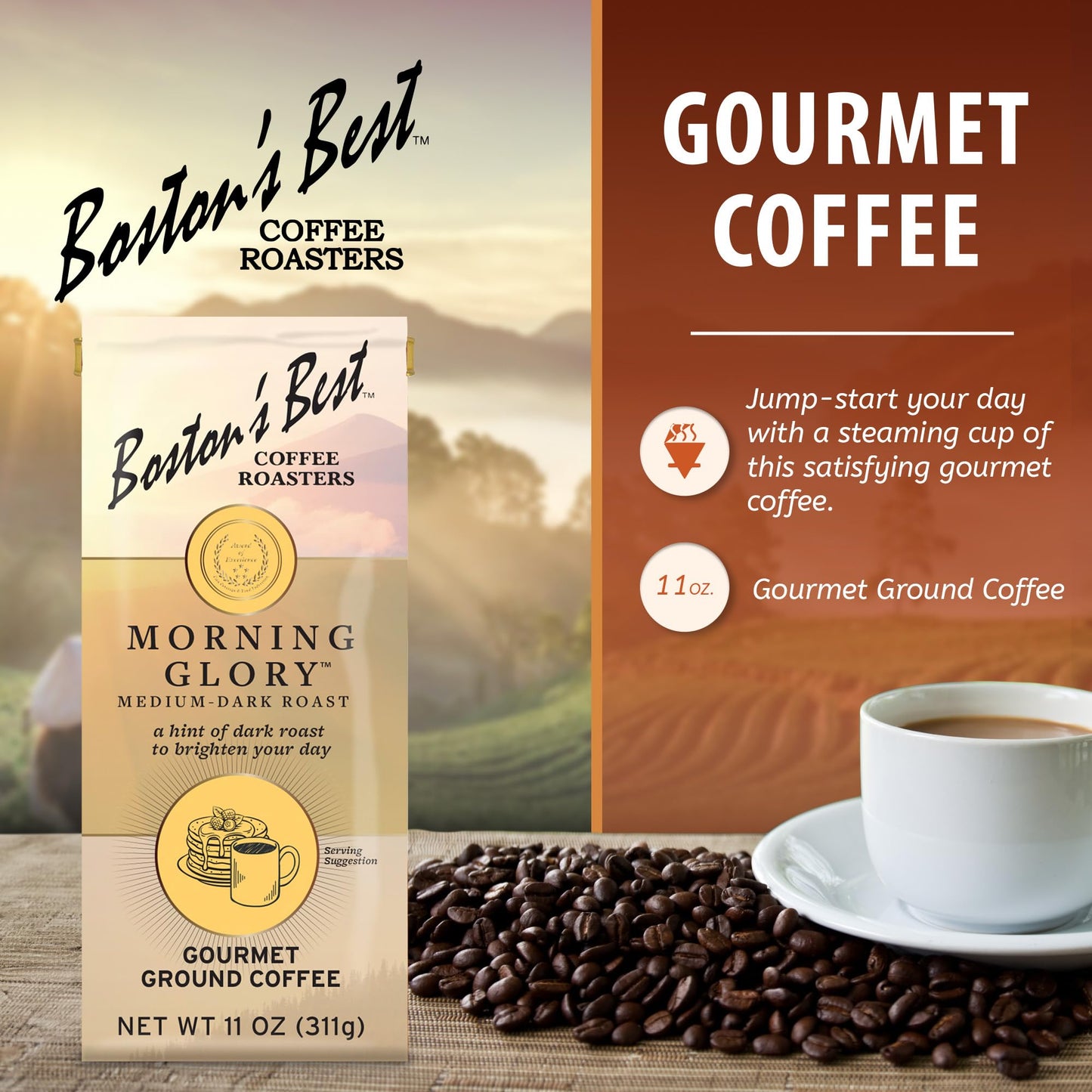 Bostons Best Coffee - Morning Glory Blend, Delicious Medium Dark Roast Delicious Gourmet Coffee, Premium Ground Coffee, 11 Oz. /