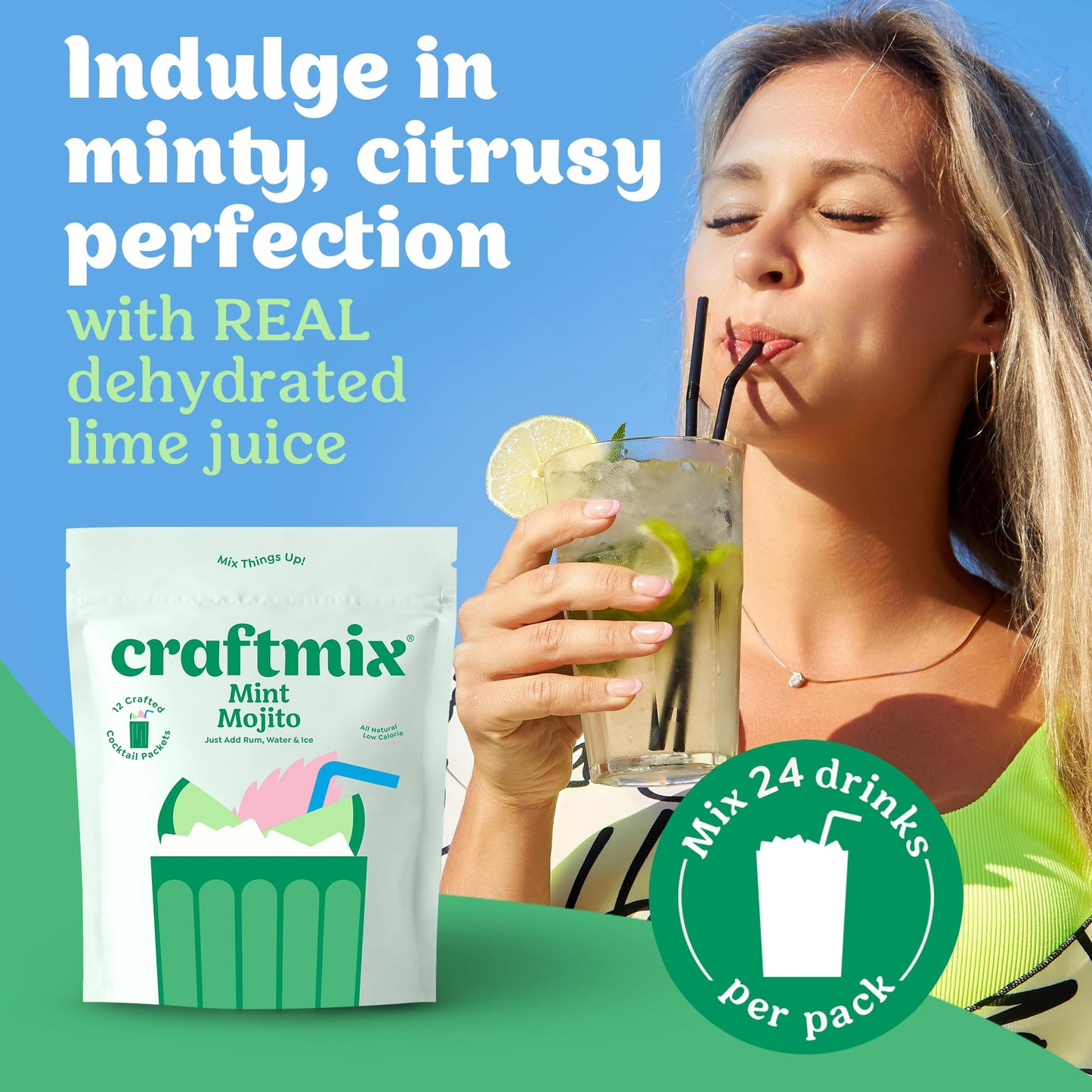Craftmix Mint Mojito Cocktail & Mocktail Drink Mixer, Skinny Mixes - Water Flavoring Packets - Made With Real Fruit - Vegan Low-Carb, Low-Sugar, Non-Gmo, Dairy Free, Gluten Free, 24 Pack