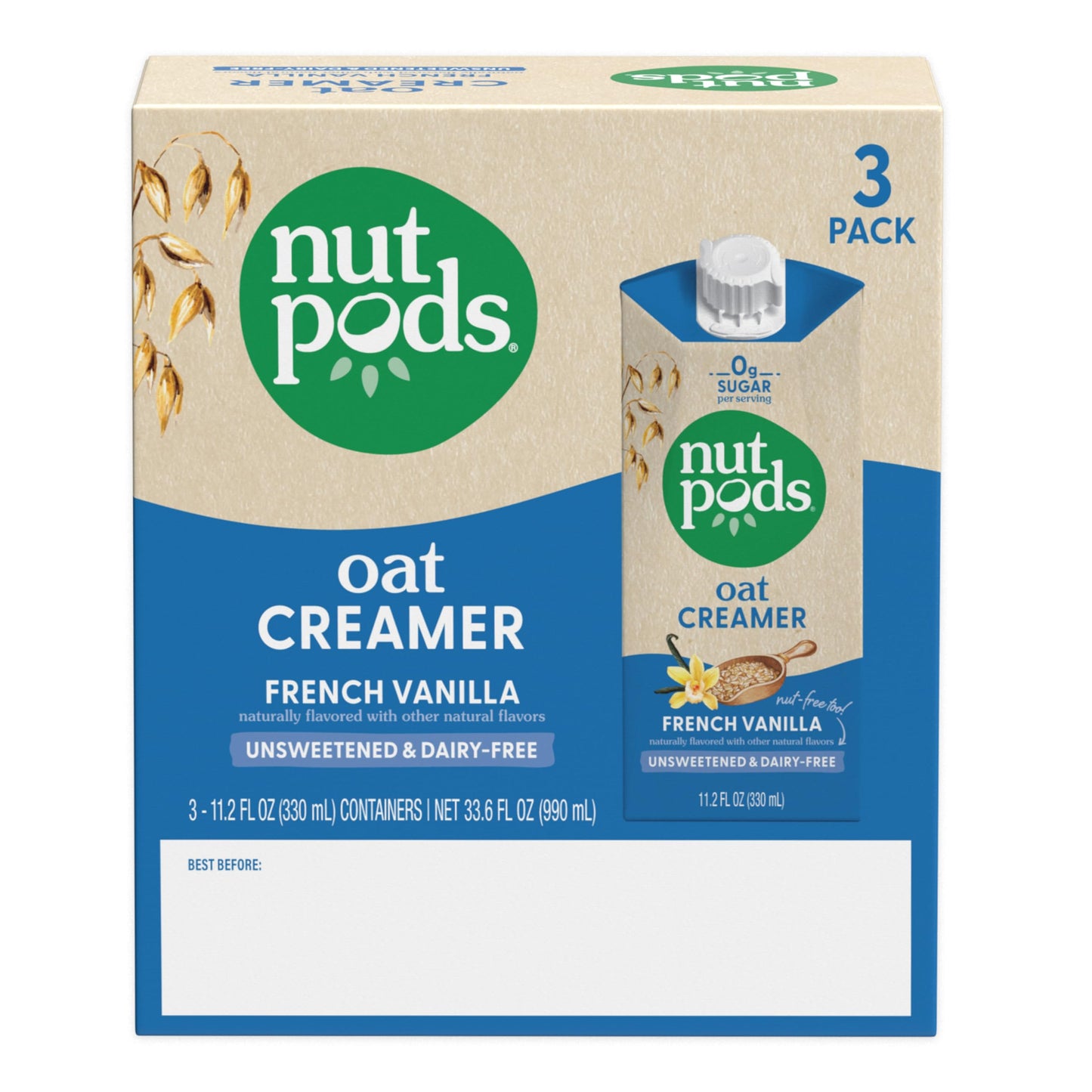 nutpods Oat Milk Creamer, Unsweetened French Vanilla, Non-Dairy, Vegan, Gluten-Free, 11.2 Fl Oz (Pack of 3)