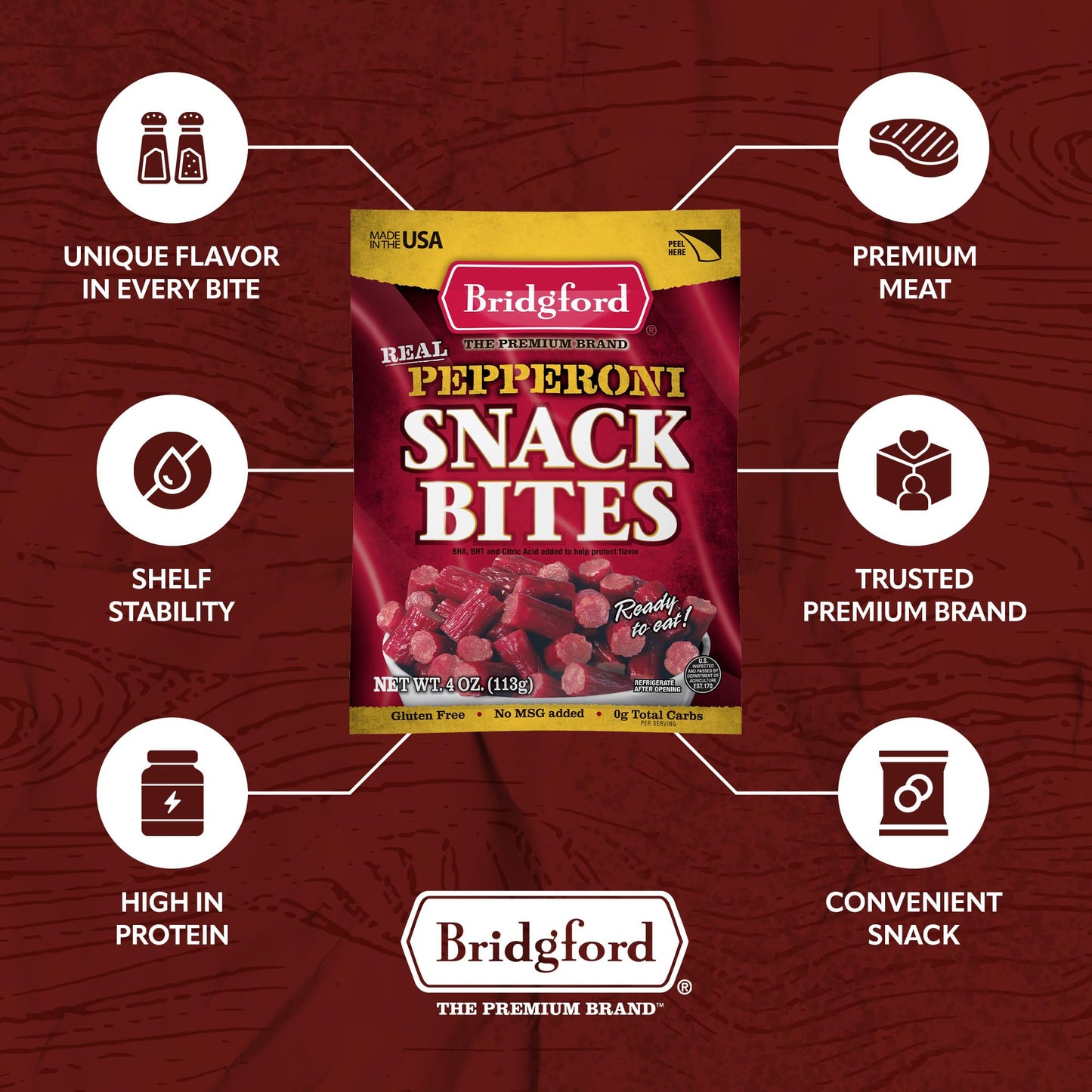 Bridgford Pepperoni Snack Bites 4 Oz Pack Of 3 - Ready-To-Eat Pepperoni Snacks For On-The-Go Snacking - Pork And Beef Pepperoni