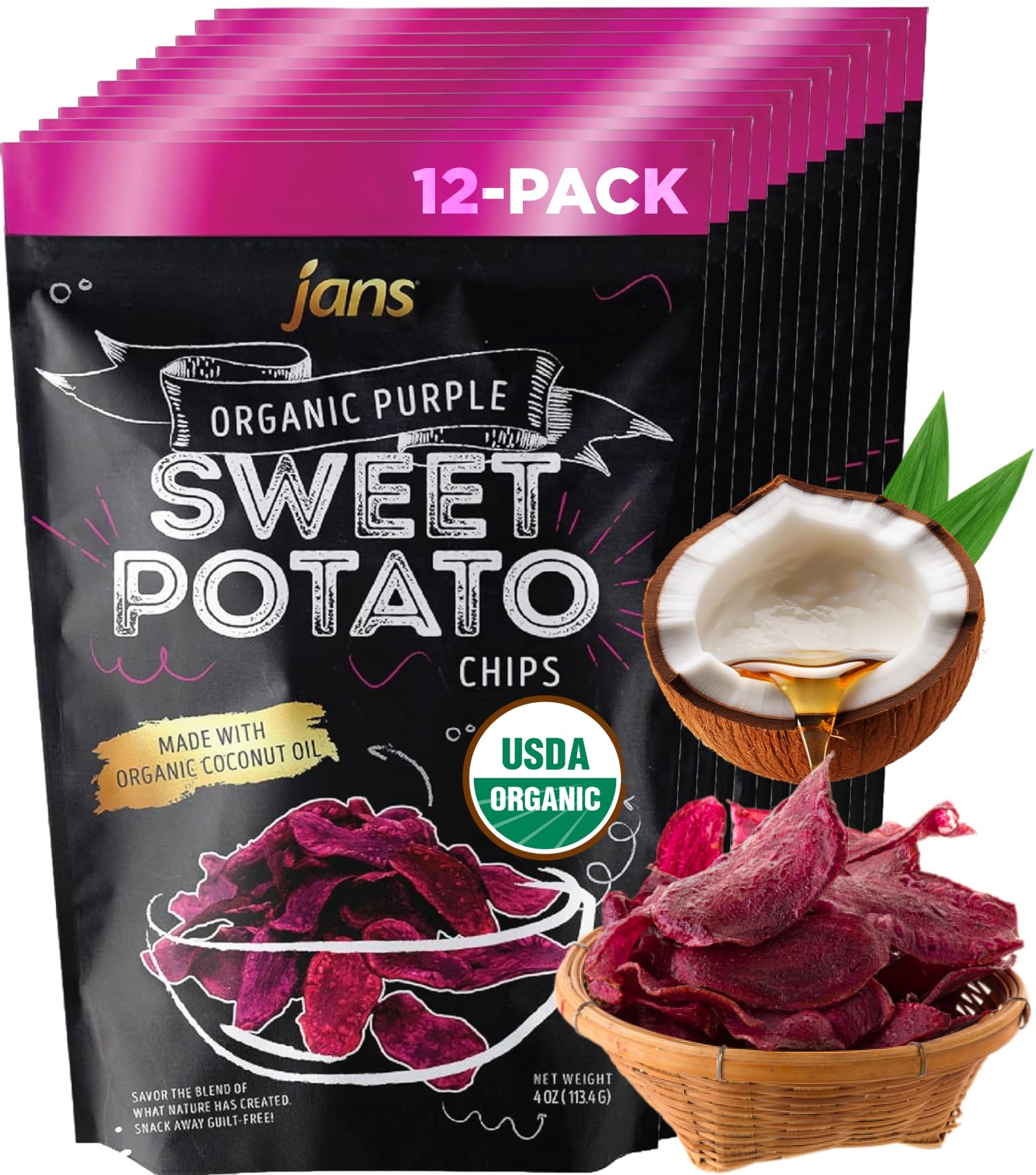 Jans Organic Sweet Potato Chips Purple, 12 x 4 oz - Baked AIP Sweet Potatoe Chips, Gluten Free Healthy Snack, Non GMO Vegetable 