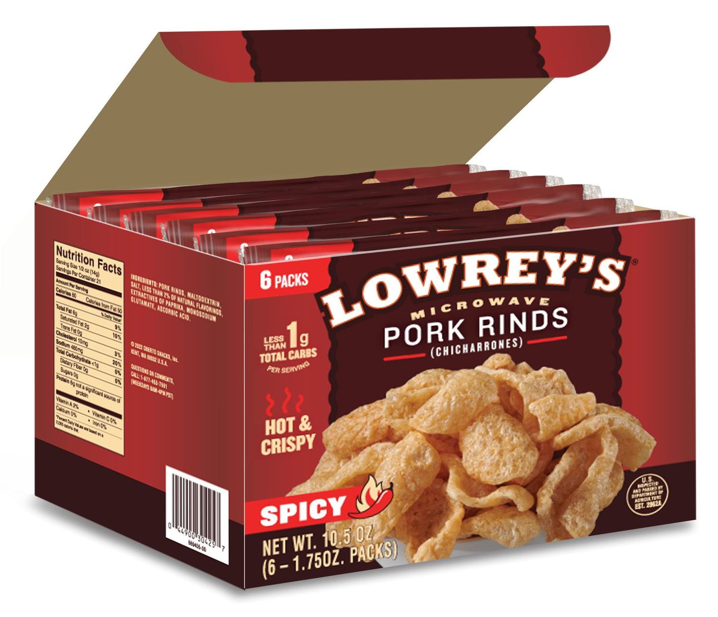 Lowreys Bacon Curls Microwave Pork Rinds (Chicharrones) Hot And Spicy 1.75 Ounce (Pack Of 6)