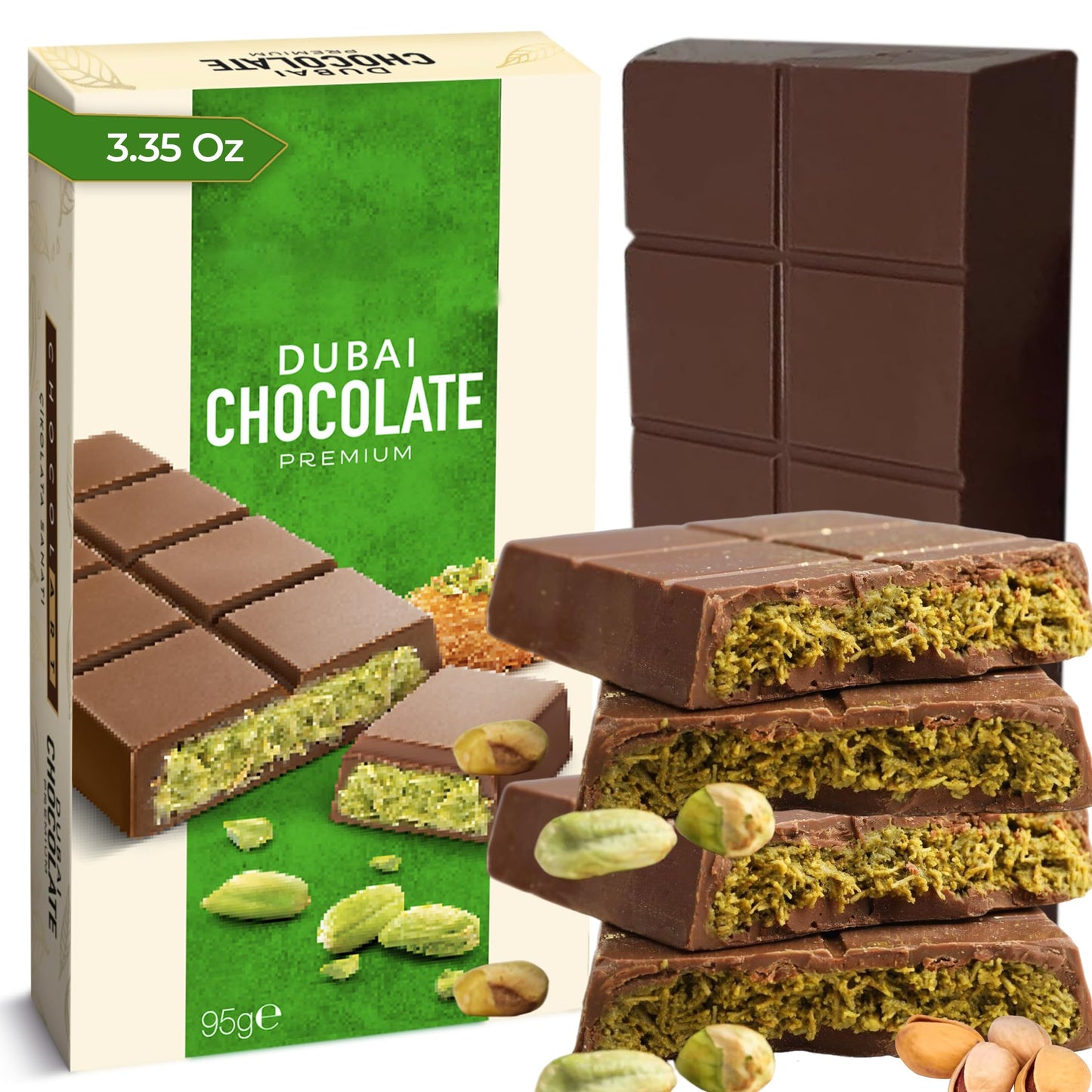 Chobella Dubai Chocolate Bar Pistachio 3.35Oz (95G)  Top-Grade Mini Dubai Chocolate Bar With Pistachio Cream And Kataifi  Viral Candy With Shredded Phyllo Dough  Knafeh
