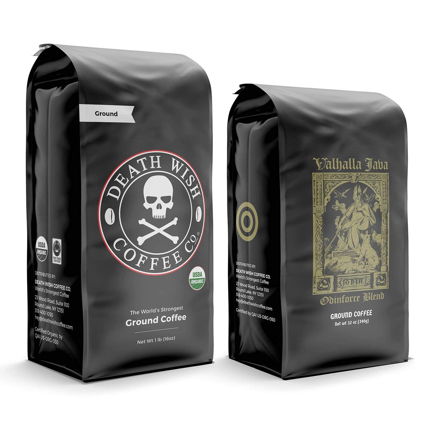 Death Wish Coffee Dark Roast & Valhalla Java Ground Coffee Bundle, 28 Oz Total, Extra Caffeine, Arabica & Robusta Beans