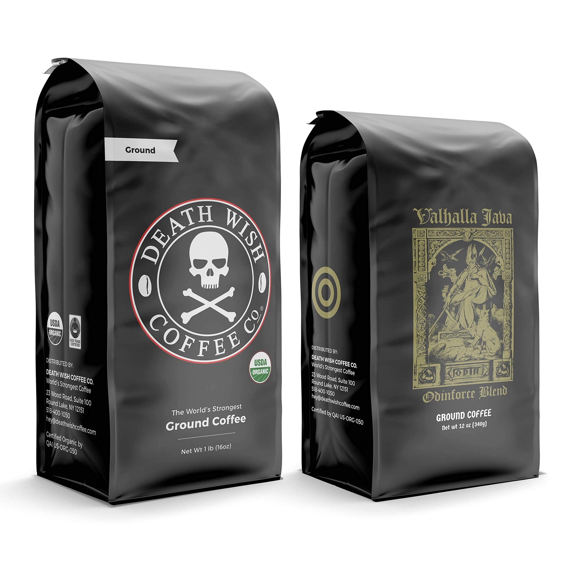 Death Wish Coffee Dark Roast & Valhalla Java Ground Coffee Bundle, 28 Oz Total, Extra Caffeine, Arabica & Robusta Beans