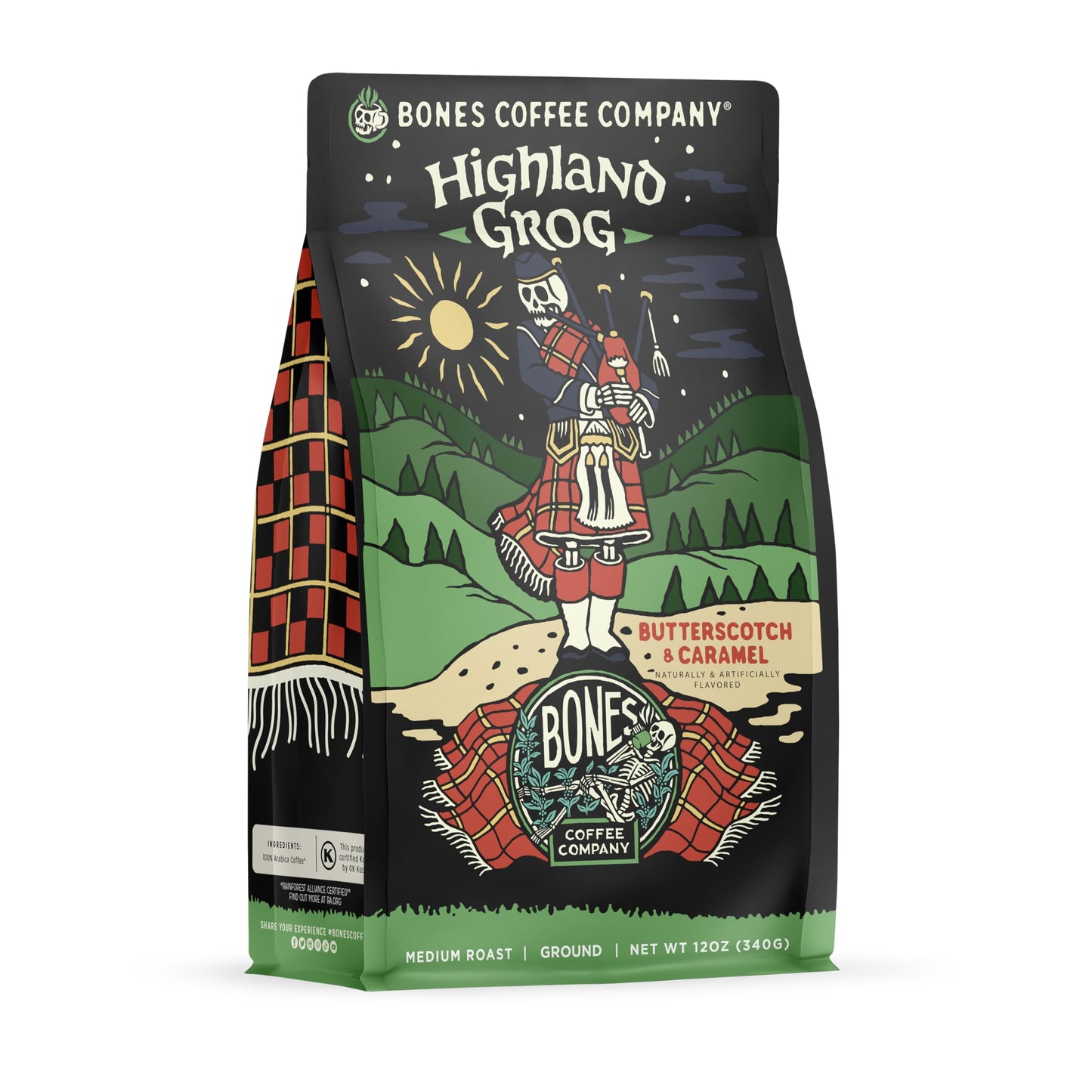 Bones Coffee Company Highland Grog, Butterscotch Caramel Flavored Coffee, Medium Roast Low Acid Arabica Beans Compatible with Au