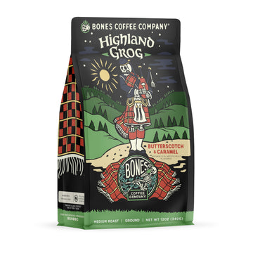Bones Coffee Company Highland Grog Flavored Coffee Beans & Ground Coffee Butterscotch Caramel Flavor | 12 Oz Medium Roast Arabica Low Acid Coffee | Gourmet Coffee (Ground)