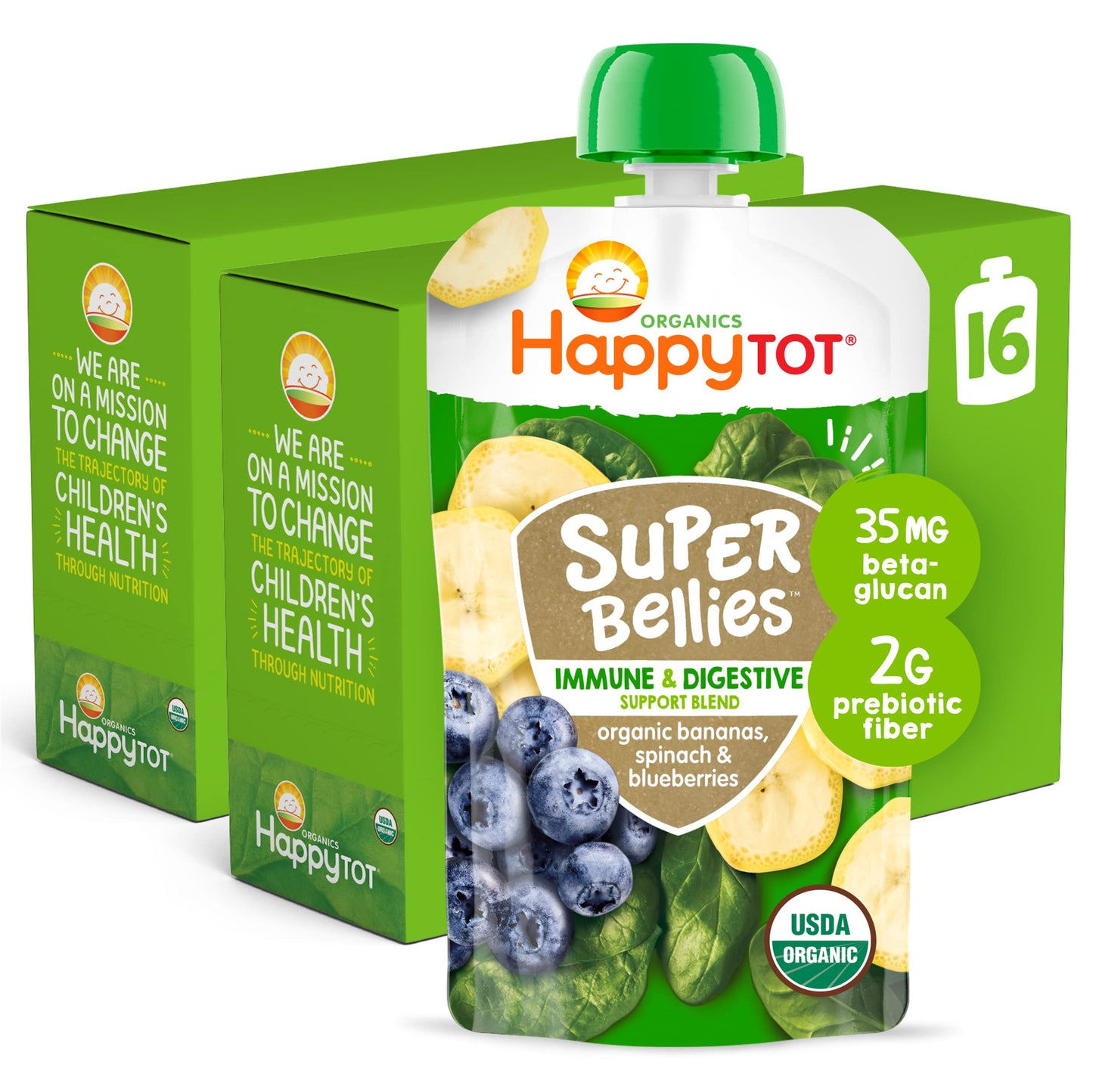 Happy Tot Organics Stage 4 Baby Food Pouches, Gluten Free, Vegan Snack, Super Bellies, Fruit & Veggie Puree, Banana, Spinach & B