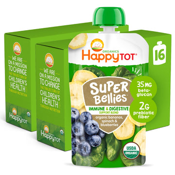 Happy Tot Organics Stage 4 Baby Food Pouches, Gluten Free, Vegan Snack, Super Bellies, Fruit & Veggie Puree, Banana, Spinach & B