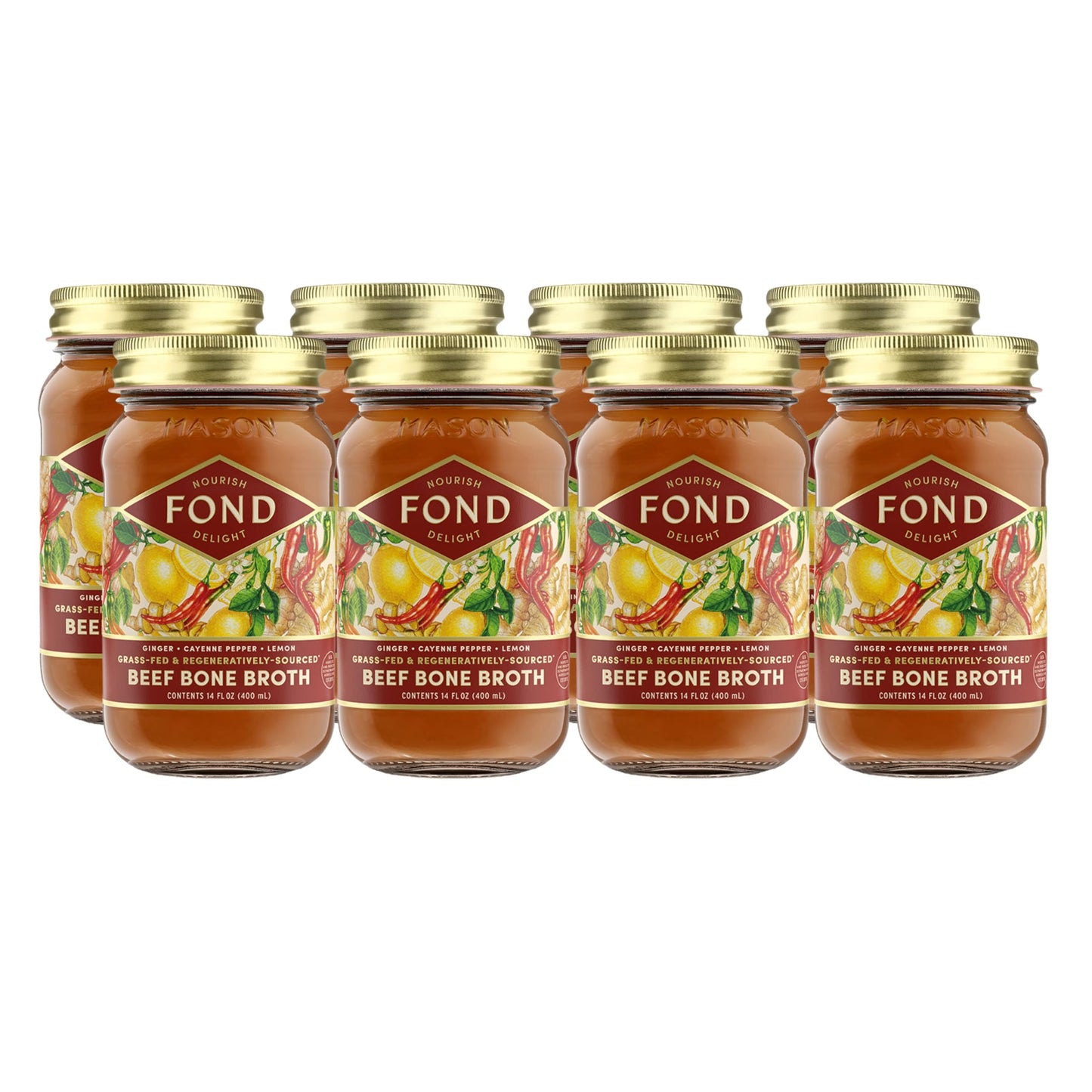 FOND NOURISH DELIGHT Beef Bone Broth with Ginger & Cayenne, 14 Fl Oz (8-Pack)