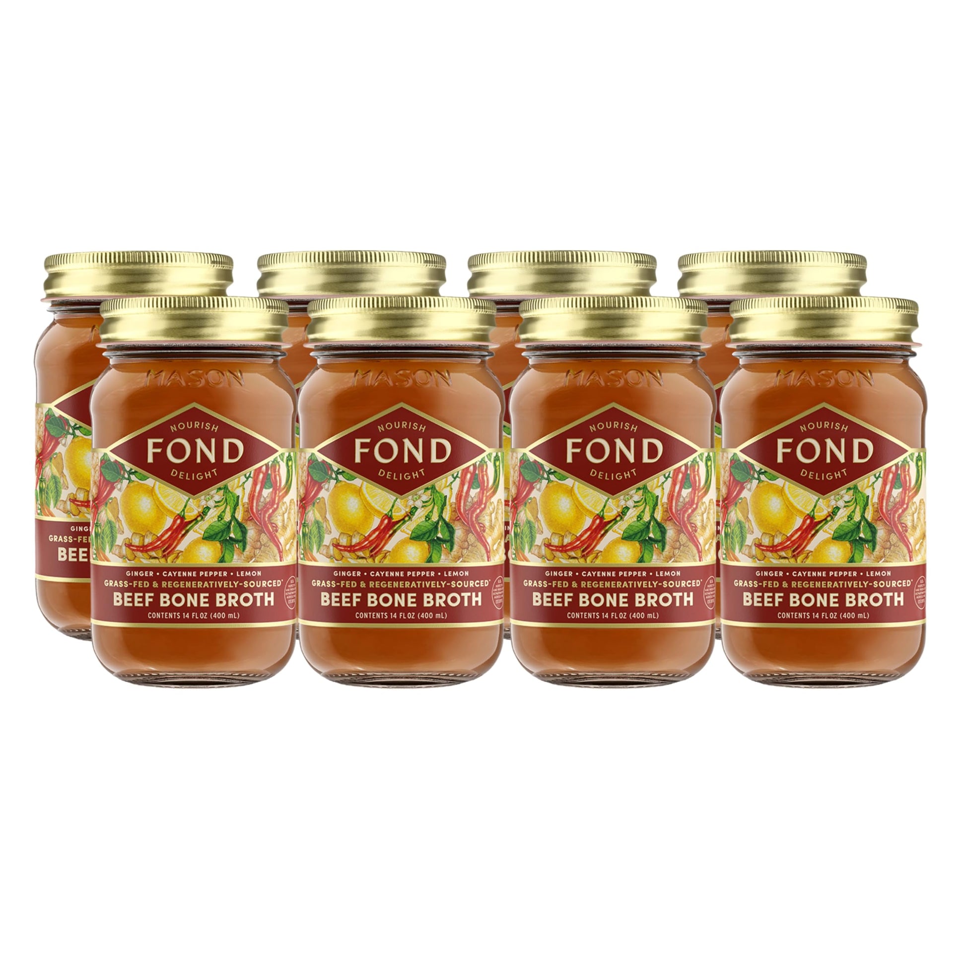 FOND NOURISH DELIGHT Beef Bone Broth with Ginger & Cayenne, 14 Fl Oz (8-Pack)
