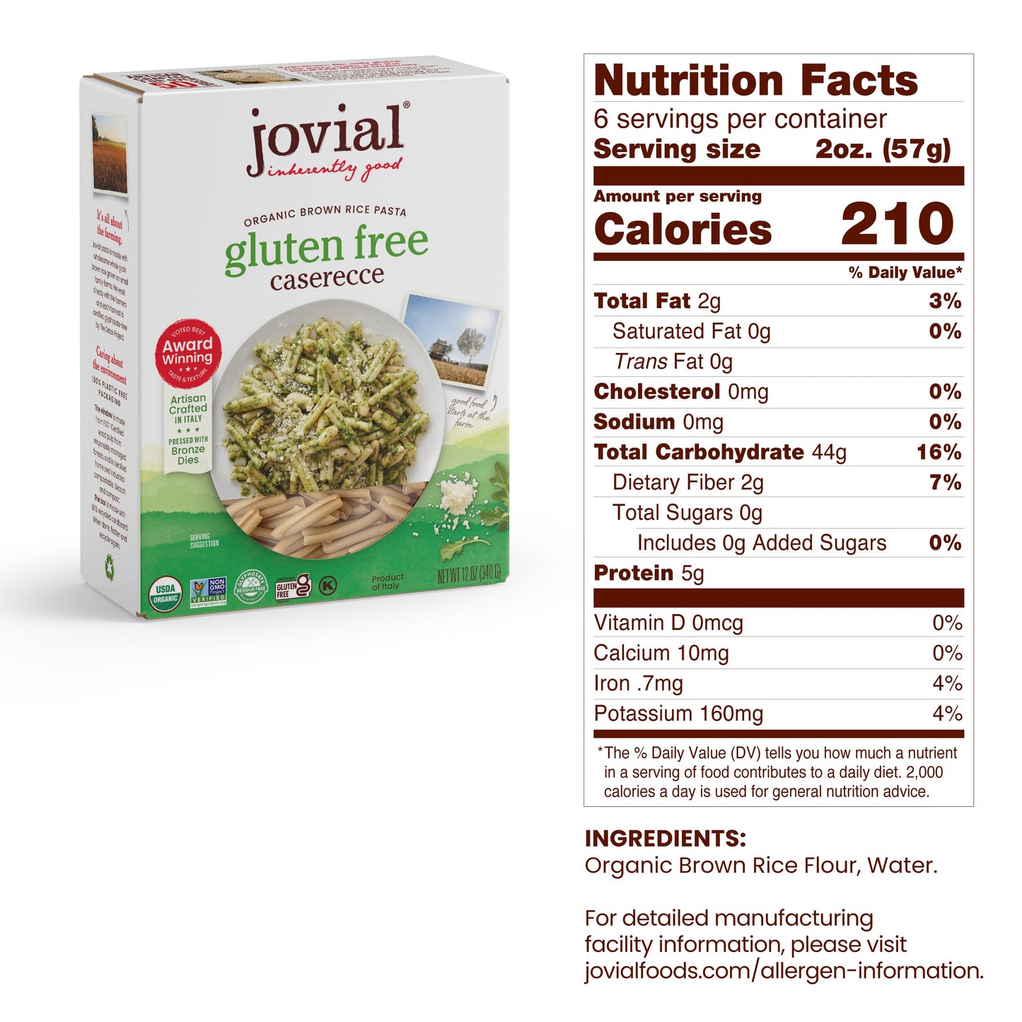 Jovial Whole Grain Brown Rice Caserecce Pasta - Pasta Caserecce, Caserecce Pasta, Whole Grain Pasta, Organic Pasta, Gluten Free, Dairy Free, Brown Rice Pasta, Made In Italy - 12 Oz, 6 Pack