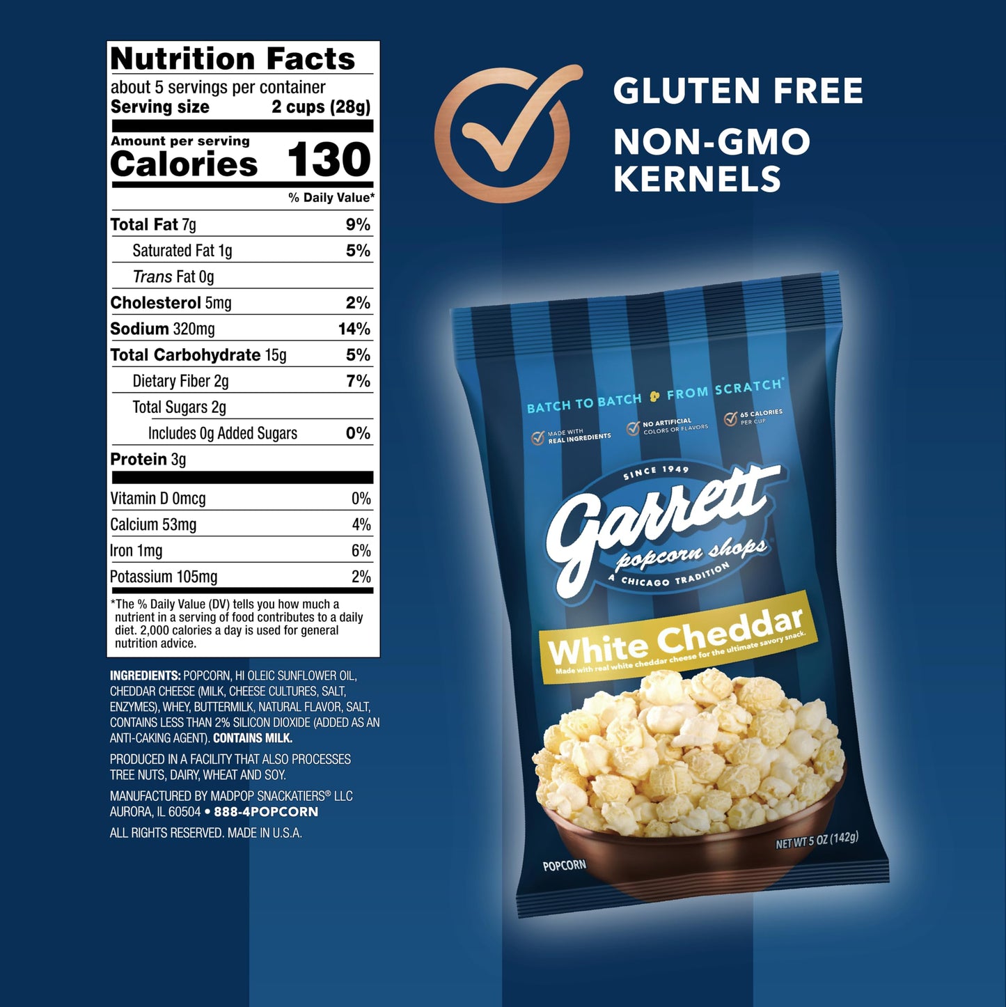 Garrett Popcorn White Cheddar Gourmet Popcorn, Gluten Free, 5oz (Pack of 4)