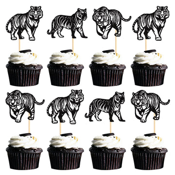 24 Pack Tiger Cupcake Toppers Jungle Safari Animal Tiger Cupcake Picks Tiger Birthday Cake Decorations for Baby Shower Birthday 