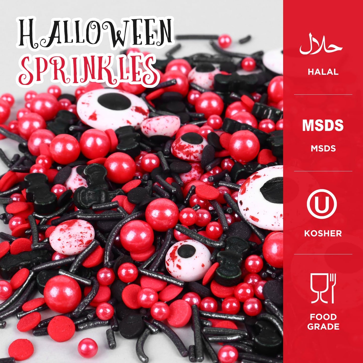 Halloween Sprinkles For Cake Decorating, Black & Red Pearl Sprinkles With Black Bats & Eyeball Candy, Perfect For Halloween Dess