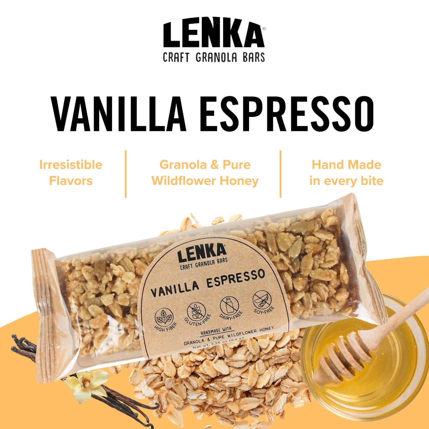 Lenka Handmade Craft Granola Bars - Vanilla Espresso Gluten Free High Fiber - Nutritious & Delicious Snack Bar - 12 Pack