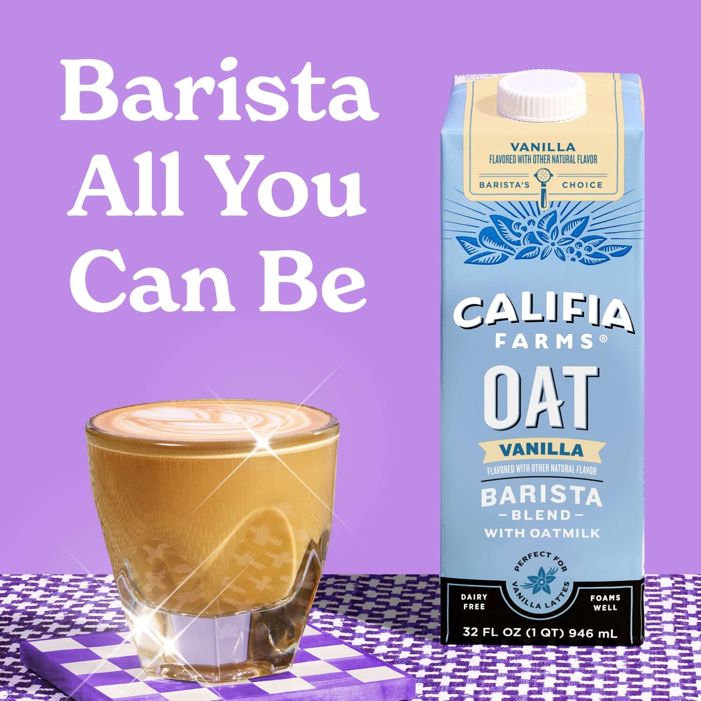 Califia Farms - Vanilla Oat Barista Blend Oat Milk, 32 Oz, Dairy Free, Vegan, Plant Based, Gluten Free, Non Gmo, Milk Frother, Coffee Creamer