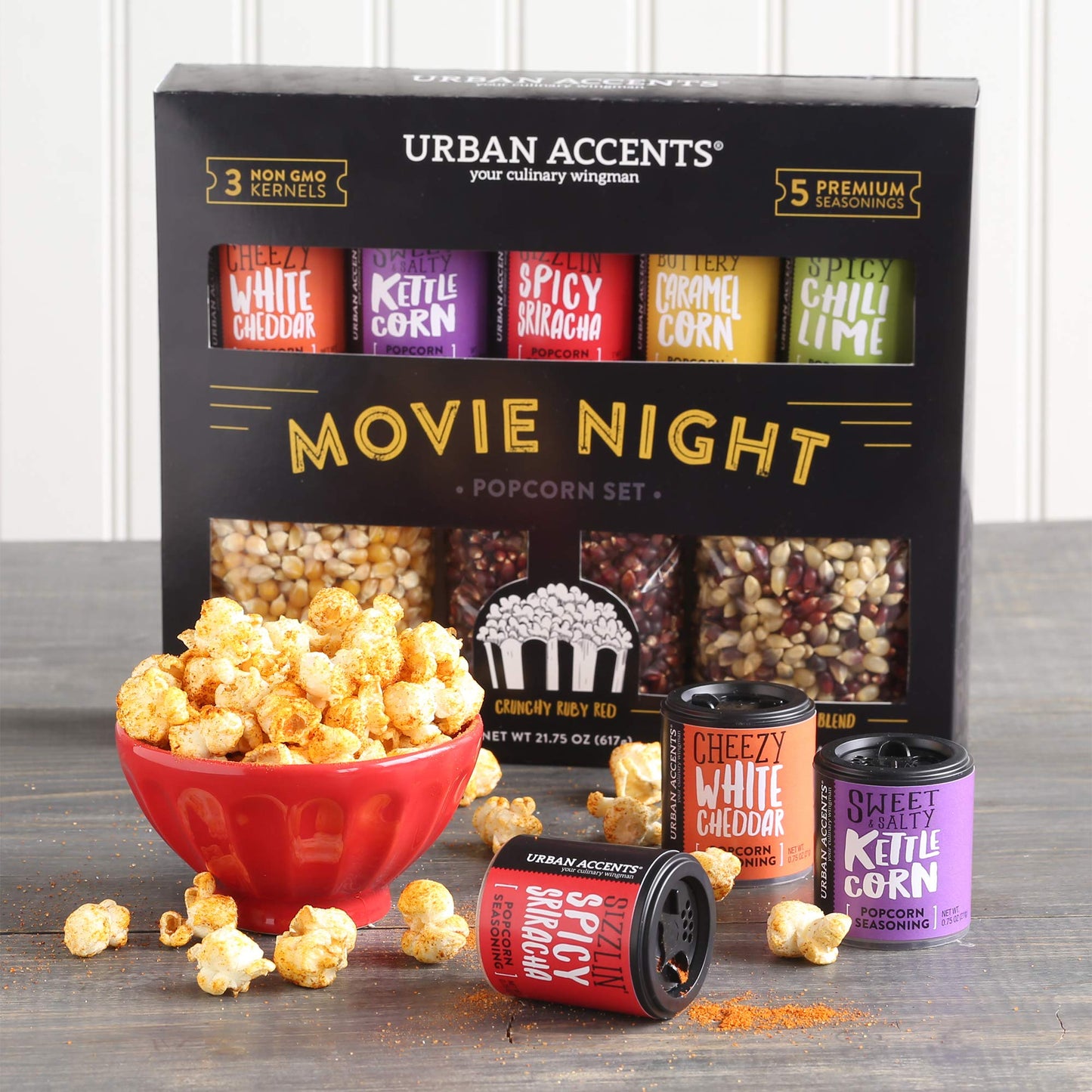Urban Accents MOVIE NIGHT Popcorn Kernels and Popcorn Seasoning Variety Pack (set of 8) - 3 Non-GMO Popcorn Kernel Packs and 5 G