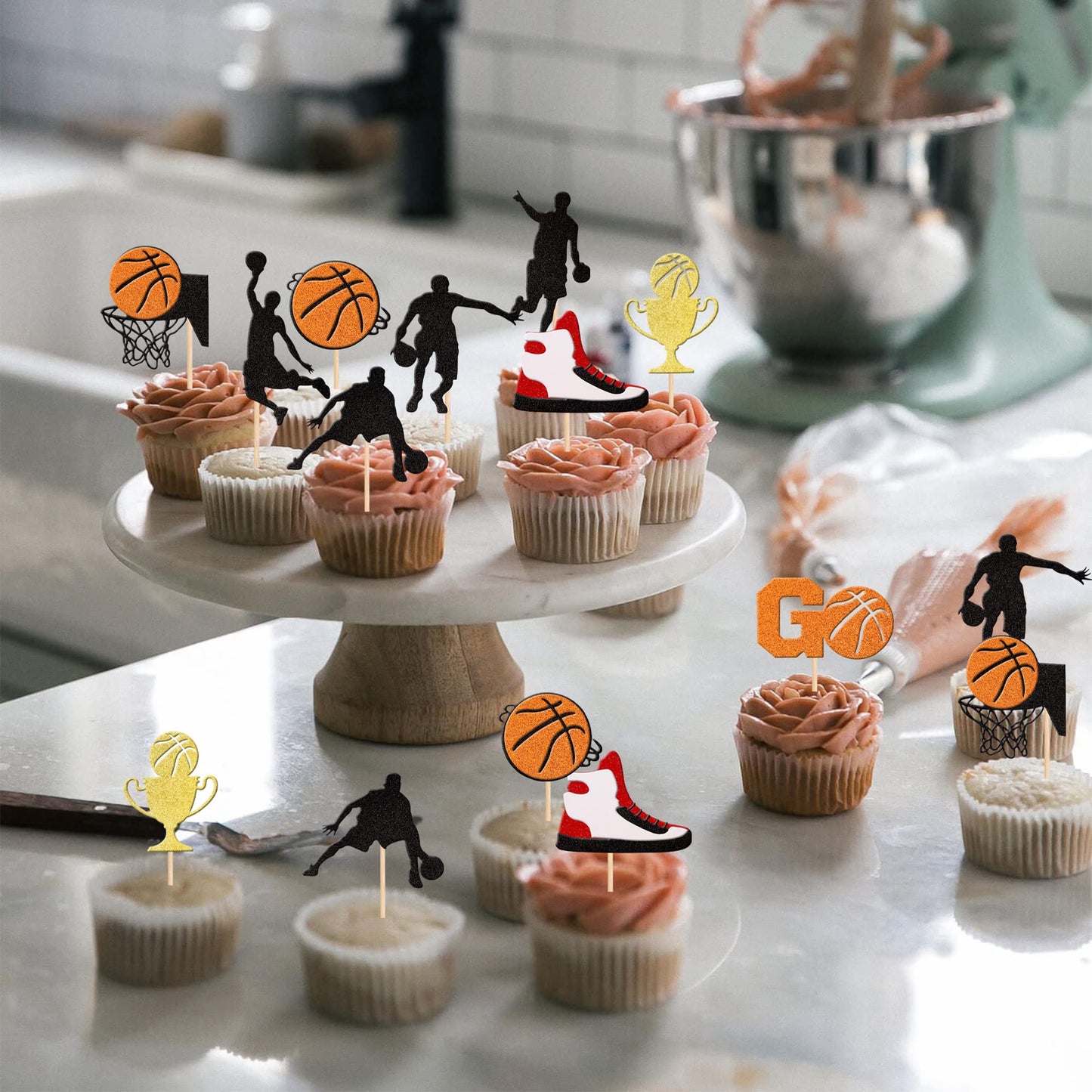 36 Pcs Basketball Cupcake Toppers Glitter Star Player Cupcake Picks Basketball Hoop Game Shoe Sports Ball Cake Decorations For Sports Theme Baby Shower Birthday Party Supplies